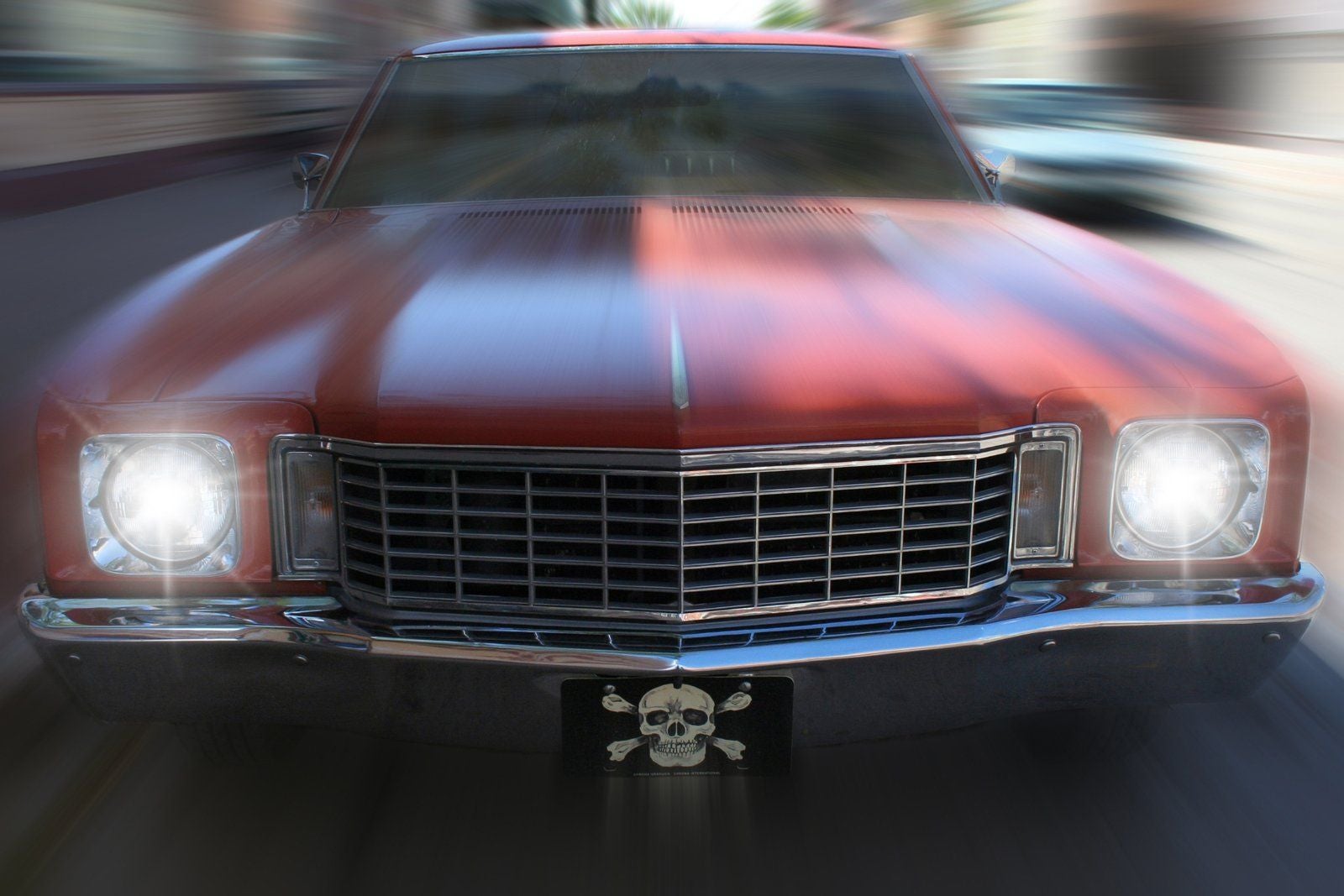 image of the front of a car with a skull and cross bones license plate